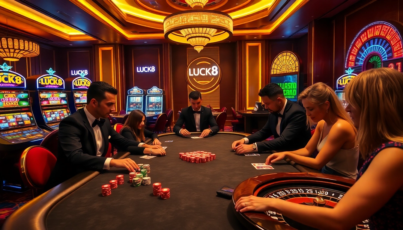 Engaged players at a high-stakes poker table in a luxury casino setting featuring LUCK8 branding.
