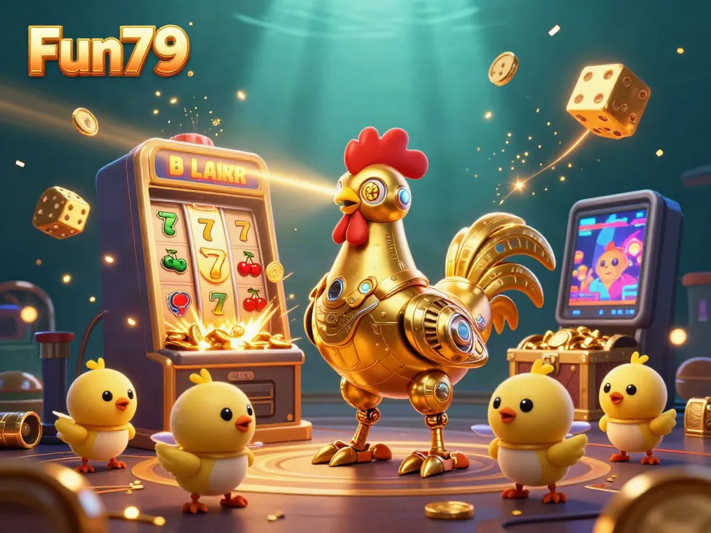 Enjoy classic casino games at Fun79 with an interactive golden rooster robot and baby chick drones.
