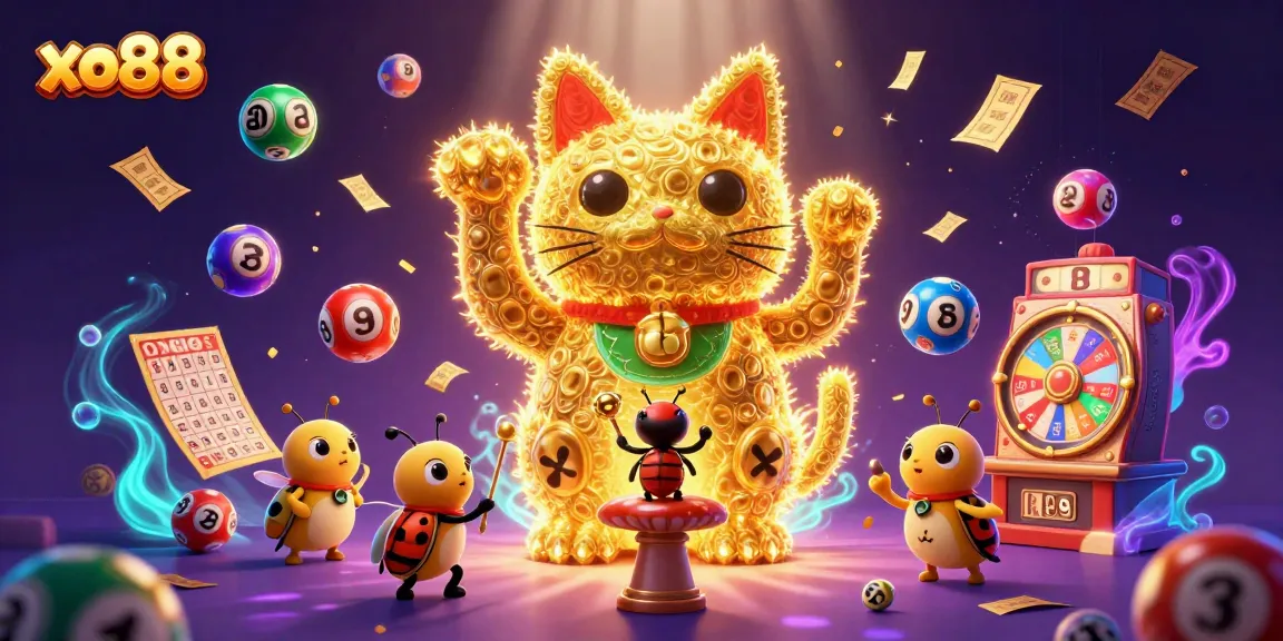 Experience the excitement of xo88's casino gaming with vibrant symbols and a lucky cat!