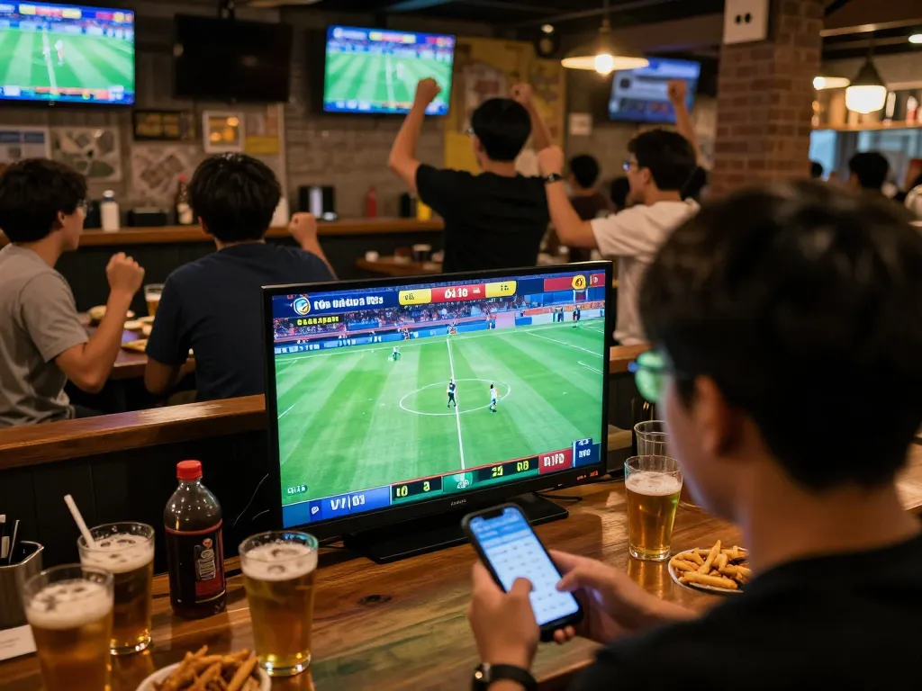 Kèo nhà cái TV sports betting in active bar environment with friends cheering