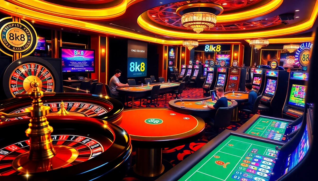 Players enjoying games at 8k8 casino, highlighting roulette and poker action.