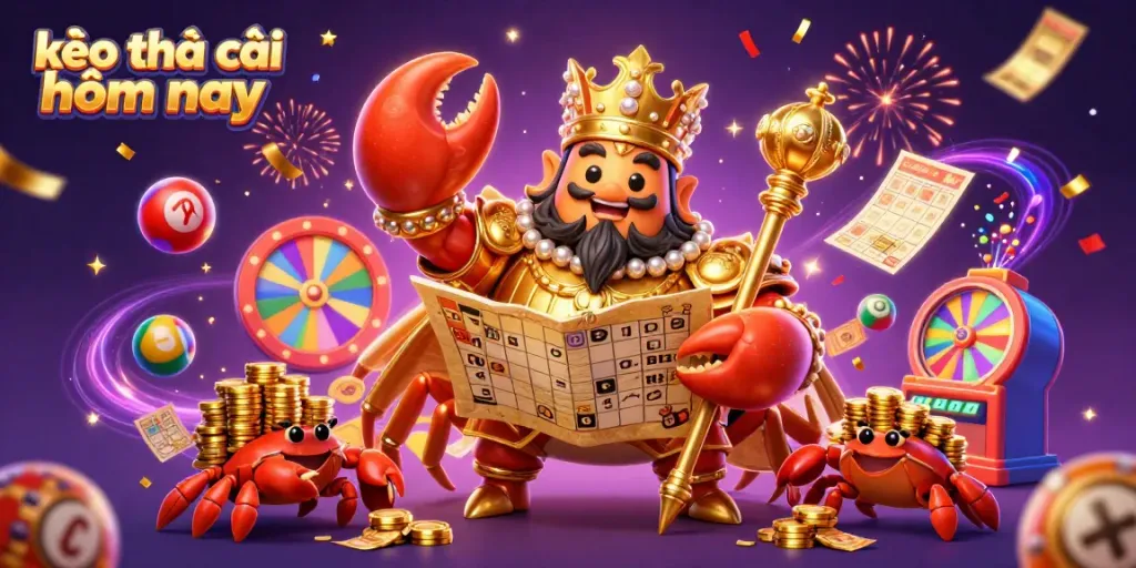 Experience the thrill of kèo nhà cái hôm nay featuring a golden crab emperor with lottery elements.