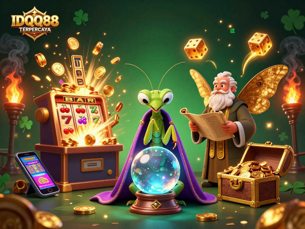 IDQQ88 TERPERCAYA showcases thrilling slot action with vibrant characters and dynamic casino elements.