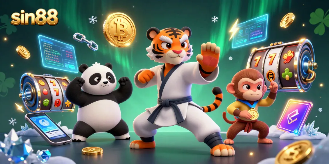 Engage in thrilling action with sin88 while exploring vibrant slot games, featuring a kung fu tiger, panda, and monkey.