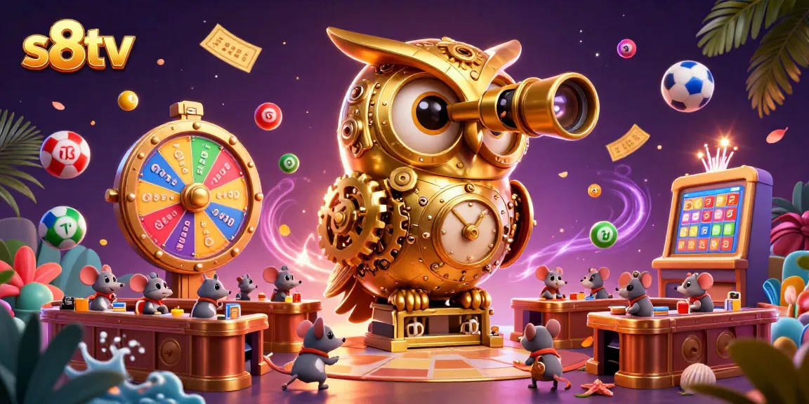 Bet on s8tv while a clockwork owl surveys a vibrant sports betting scene filled with action.