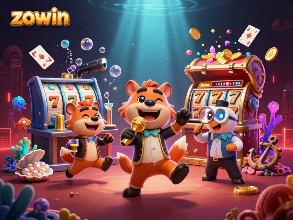 Experience the excitement at zowin casino with hyenas in a comedy club setting, surrounded by slot reels and treasures.