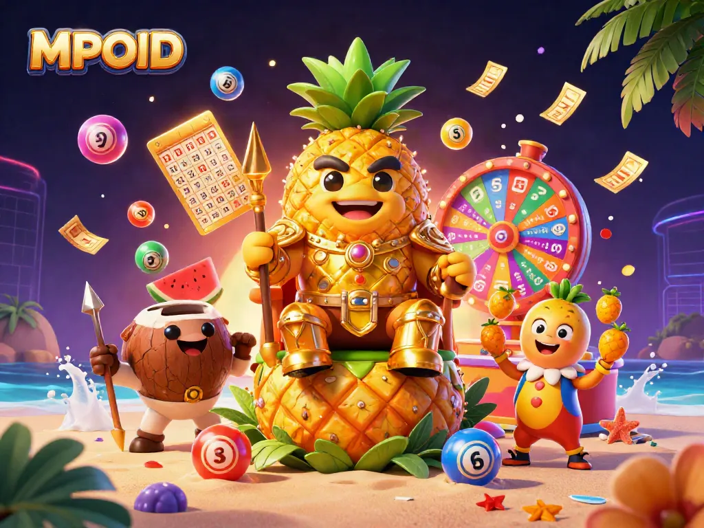 MPOID gaming illustration featuring a pineapple king with casino elements for an exciting gambling experience