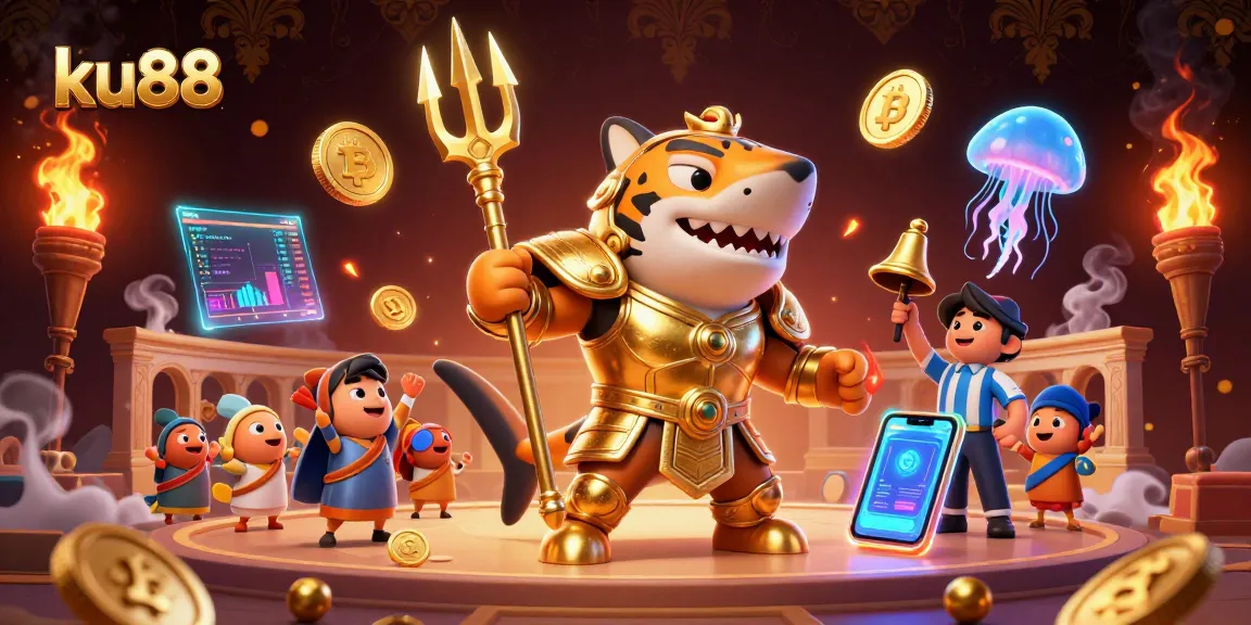 Engage with the thrilling ku88 underwater casino scene featuring a fierce gladiator shark and crypto-rich elements.