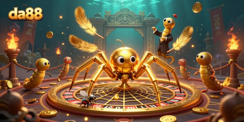 Experience the da88 excitement with a golden spider in a roulette scene, placing bets amid shimmering coins.