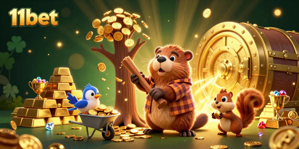 Engage with the excitement of 11bet through a vibrant 3D casino-themed scene filled with gold and treasures.