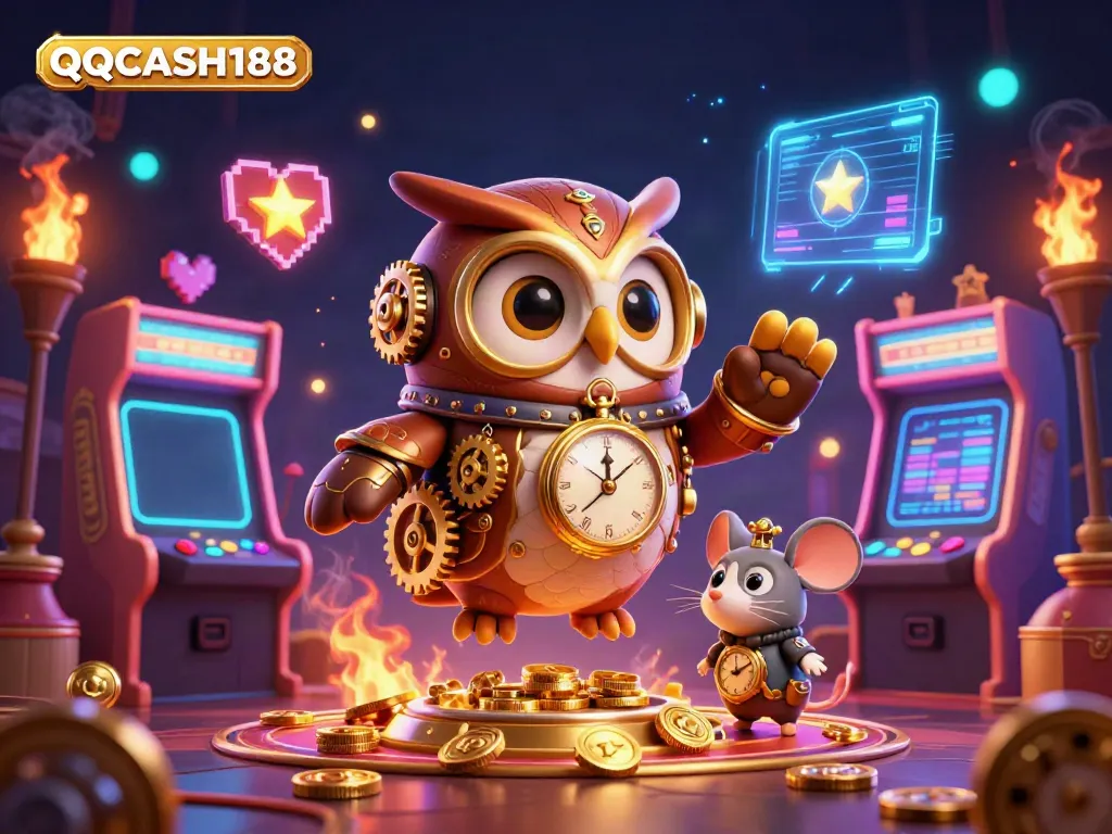 Experience exciting gameplay with QQCASH188 in a vibrant casino scene featuring 3D characters and arcade elements.