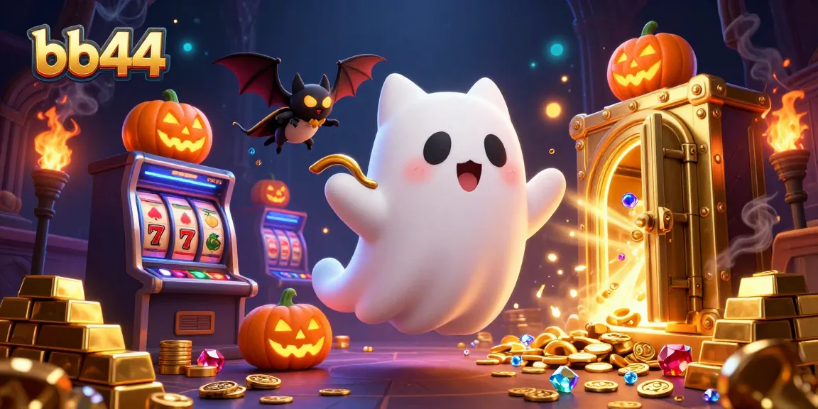 Winning in bb44's haunted casino with ghost cat, treasure, and glowing jack-o-lanterns.