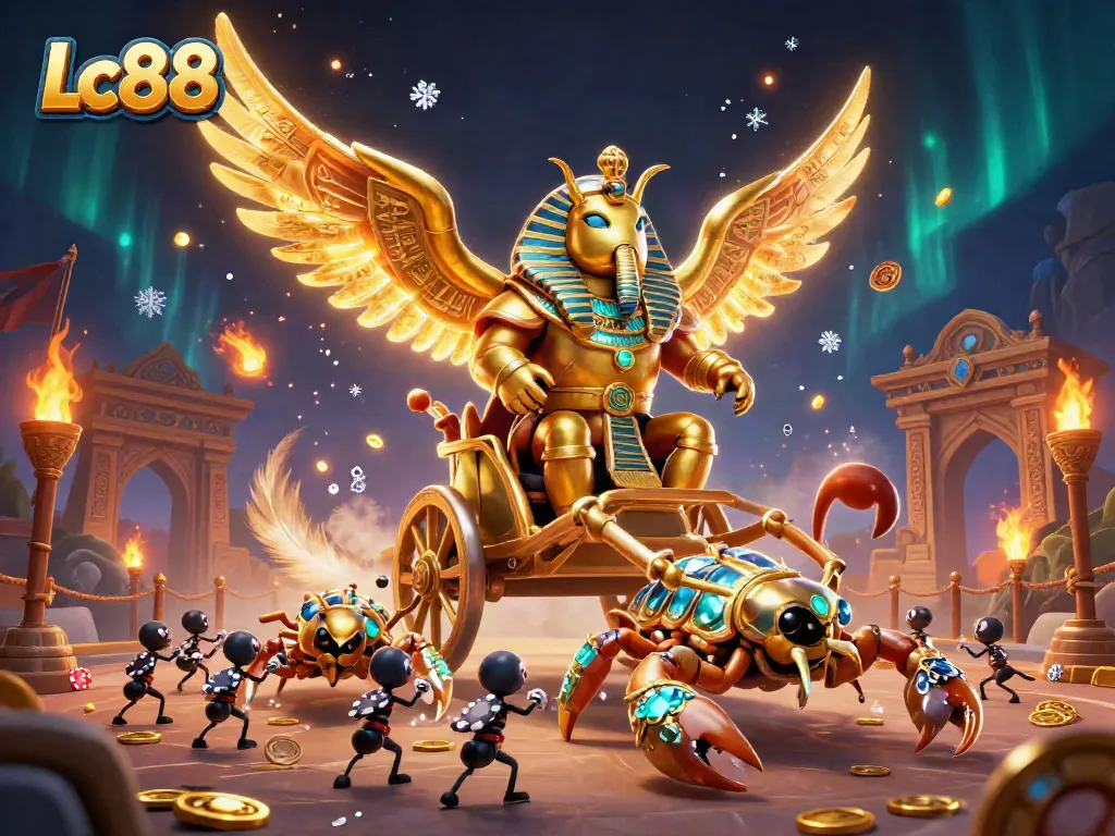 Experience Lc88's thrilling casino atmosphere withan illustrated scarab beetle chariot scene.