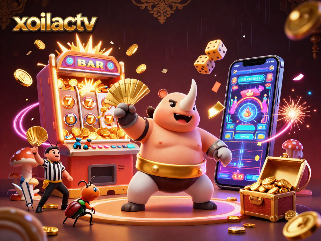 Experience the thrilling energy of xoilactv with a dynamic 3D beetle sumo champion and vibrant casino elements.