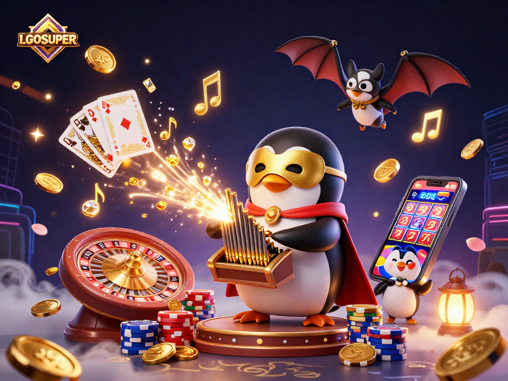 Experience gaming magic at LGOSUPER with a vibrant 3D scene showcasing thrilling casino elements.