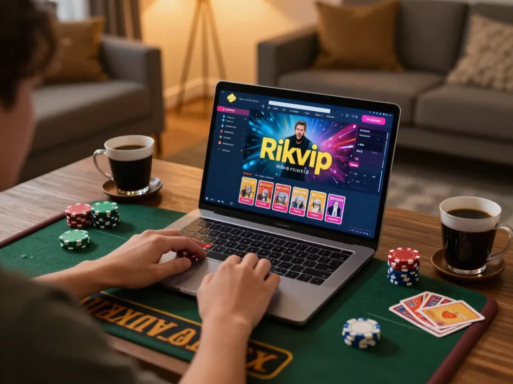 Engaged player using rikvip online gaming interface at home with vibrant atmosphere