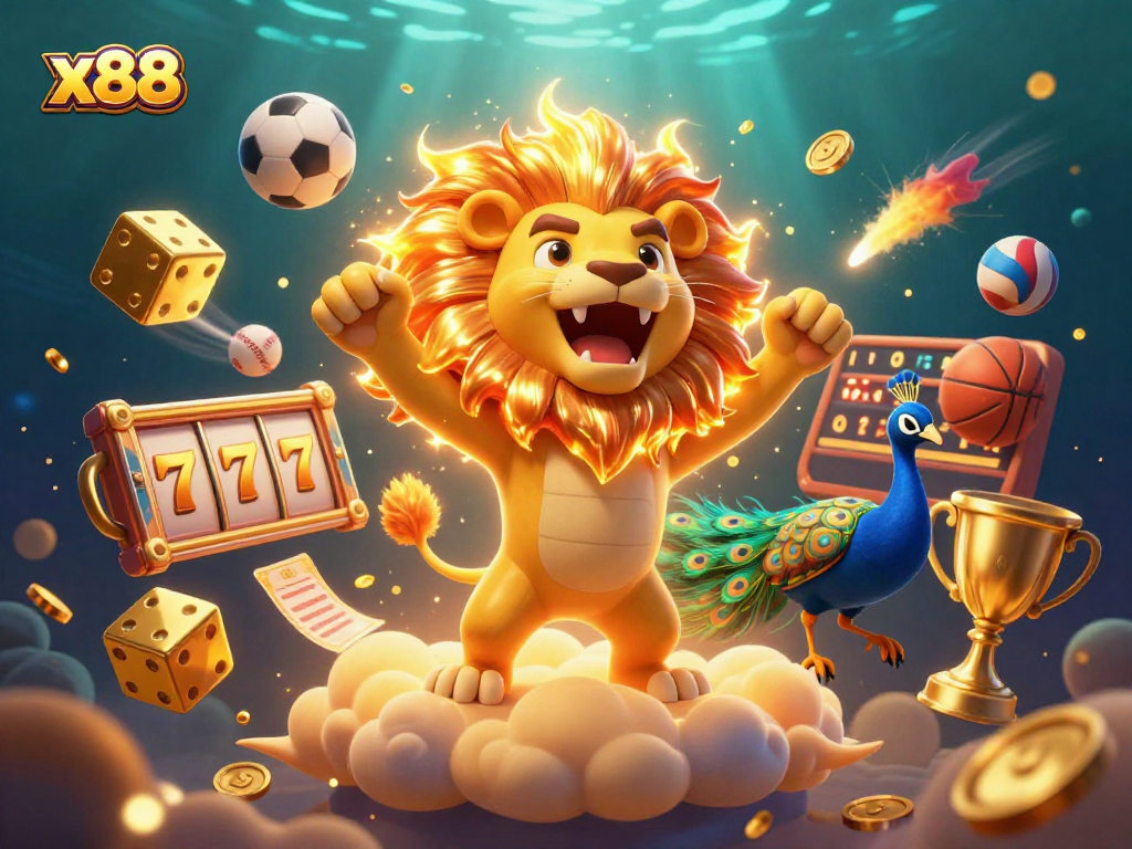 Experience thrilling wins at x88 with a vibrant 3D casino scene depicting games, bonuses, and excitement.
