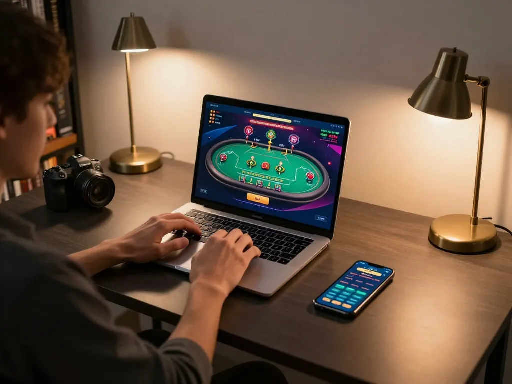 Engaging online gaming session at sc 88 with laptop displaying casino interface and strategy tools.