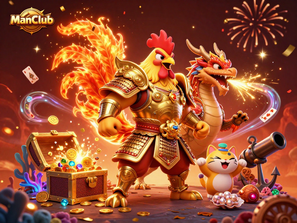 Join the excitement at ManClub with a dynamic scene of casino-themed characters and elements.