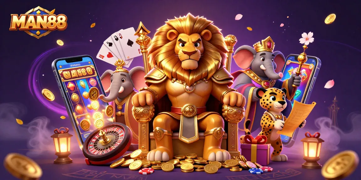 Experience roulette thrills and slot excitement with MAN88 in a vibrant casino illustration.