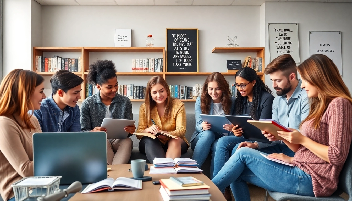 Expert TOEFL test takers for hire collaborating in a bright office environment.