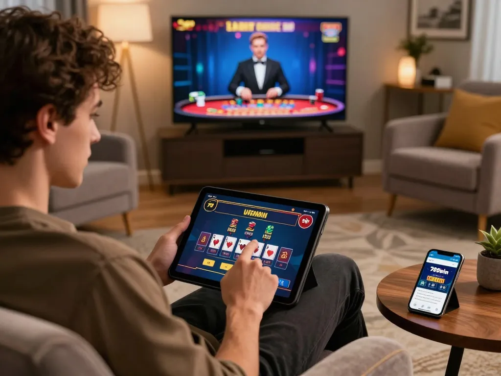 Player engaging in live dealer blackjack on 789win tablet in a cozy home setting