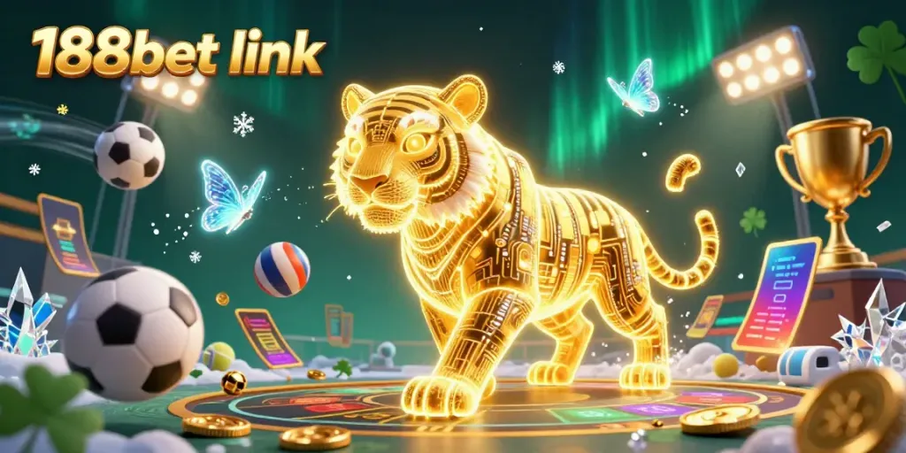 Experience the thrill with the vibrant 188bet link in this dynamic digital casino scene, featuring sports balls and golden elements.