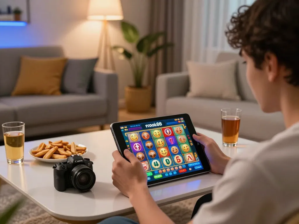 Engaging player celebrating a win on rokok88 slot during a cozy online gaming session