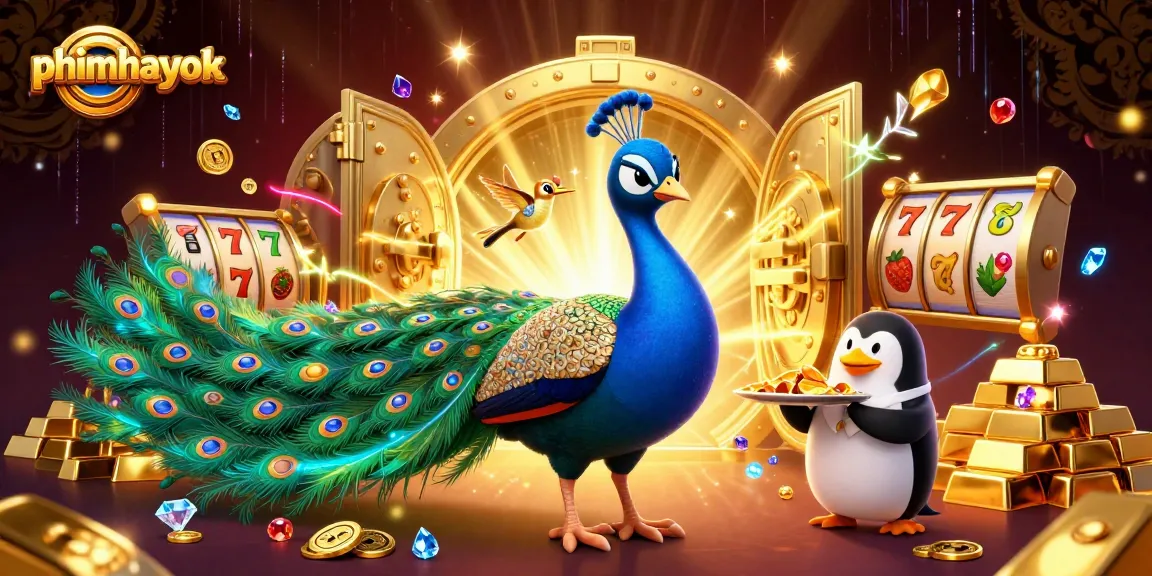 phimhayok showcases a vibrant casino scene with a peacock and slot reels, emphasizing excitement.