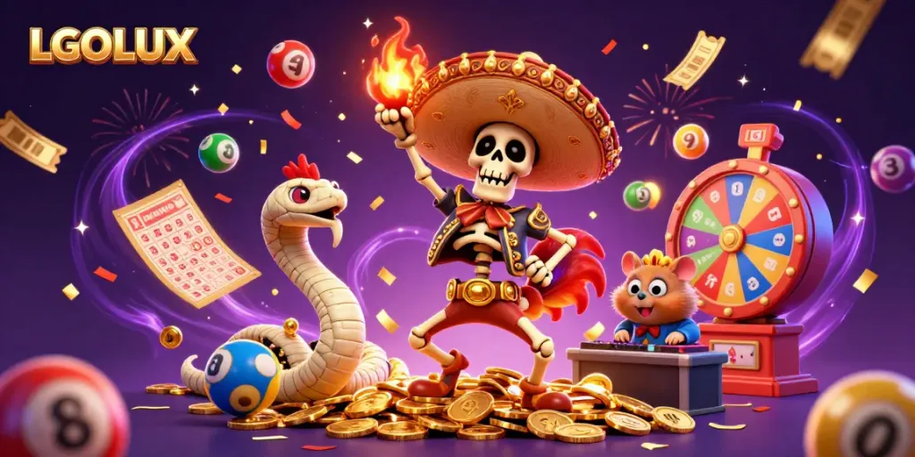 Experience the excitement of LGOLUX with vibrant games and golden winnings celebrated by lively characters.