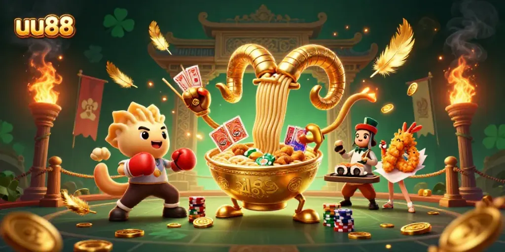 uu88 engaging in a dynamic casino battle with a giant ramen bowl and sushi dealer in vibrant action