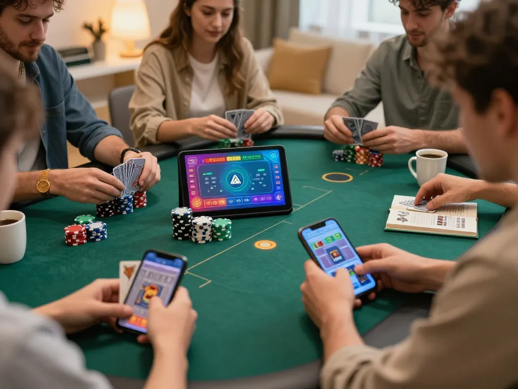 Luck8 players enjoying an engaging online poker game on their devices, showcasing cards and chips in a cozy atmosphere
