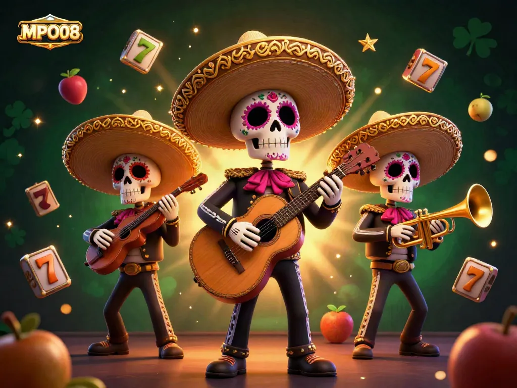 Experience the vibrant energy of MPO08 with a mariachi band and slot reels in this colorful casino illustration.