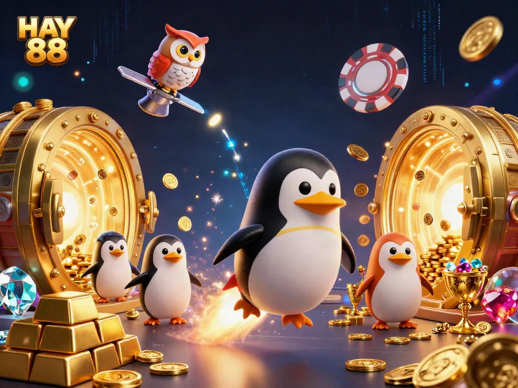 HAY 88 penguin rockets towards a vibrant casino space station amid gold coins and treasures.