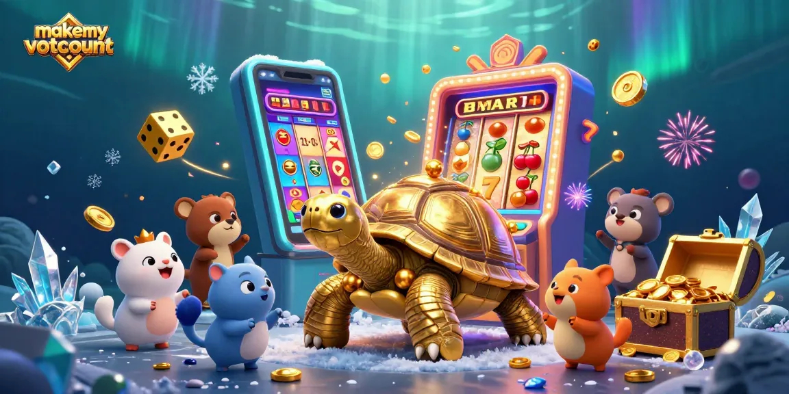 Play exciting casino games at makemyvotecount with a vibrant scene of a golden tortoise and joyful animals.