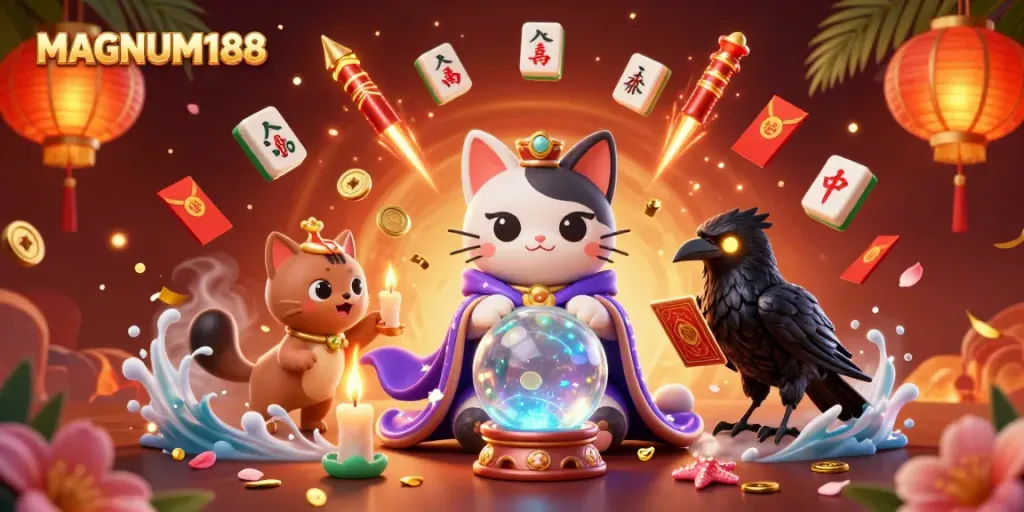 Experience thrilling Mahjong Ways gameplay on MAGNUM188 with a mystical cat and dynamic game elements.