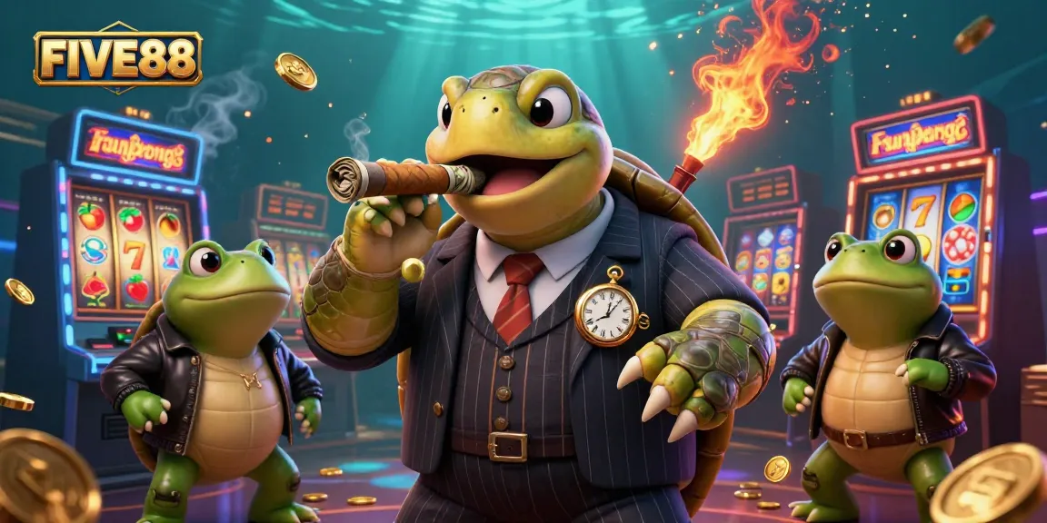 Experience the thrill of FIVE88 with a dynamic 3D casino scene featuring a mobster turtle and rich slot game elements.