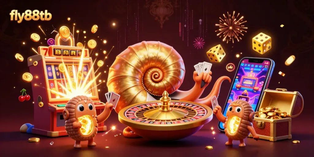 Experience thrilling wins at fly88tb with an animated 3D casino scene featuring a nautilus roulette wheel and jackpot excitement.