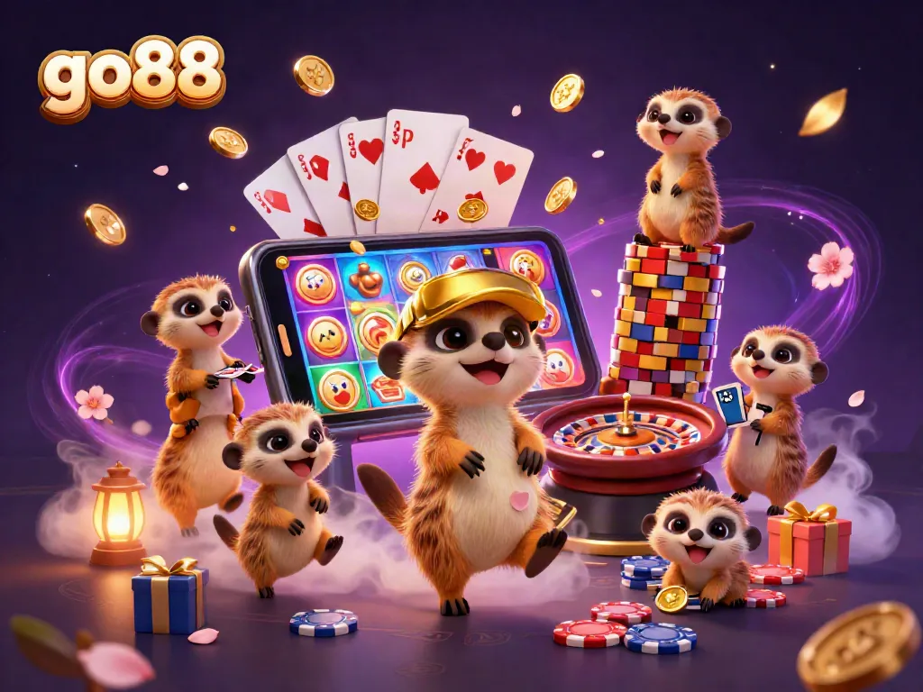 Engage with go88’s vibrant casino scene featuring meerkats managing games and chips.