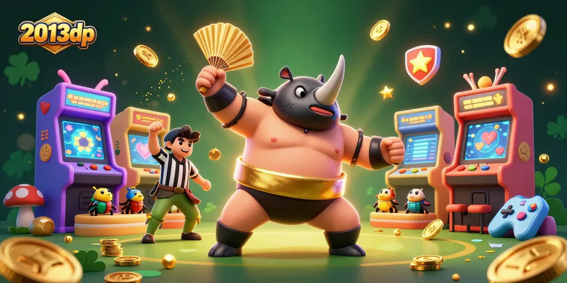 Experience the thrills of 2013dp with a dynamic casino illustration showcasing a sumo beetle champion amidst flying coins and arcade elements.