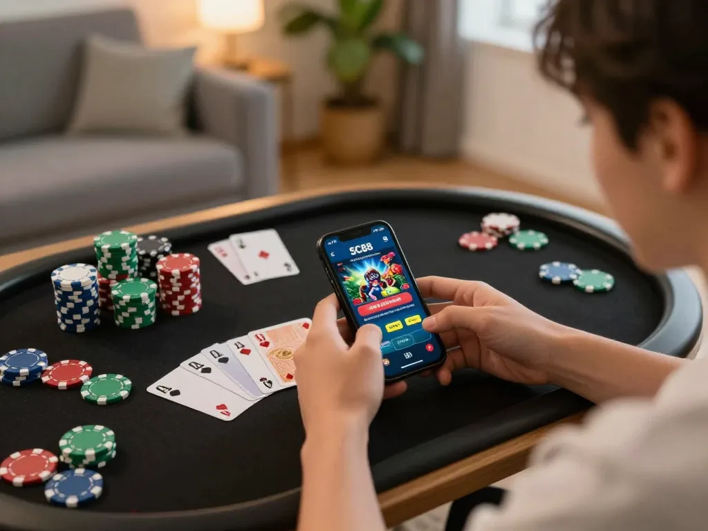 Player enjoying SC88 online casino gaming on smartphone with cards and chips visible, relaxed home setting.