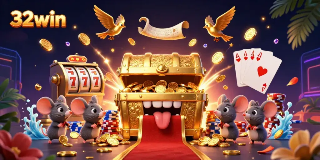 Engage with the vibrant scene of 32win featuring colorful casino elements and a treasure chest to entice gamblers.