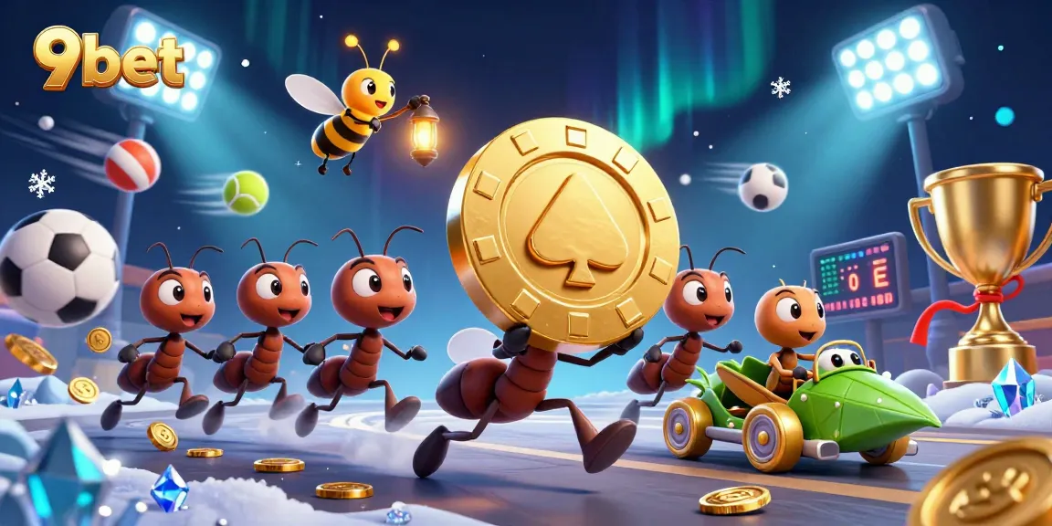 Engage with 9bet’s thrilling heist-themed gambling experience showcasing animated ants and vibrant sports elements.