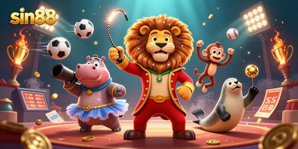 Experience sin88's electrifying 3D casino scene with cartoon characters and sports elements in action