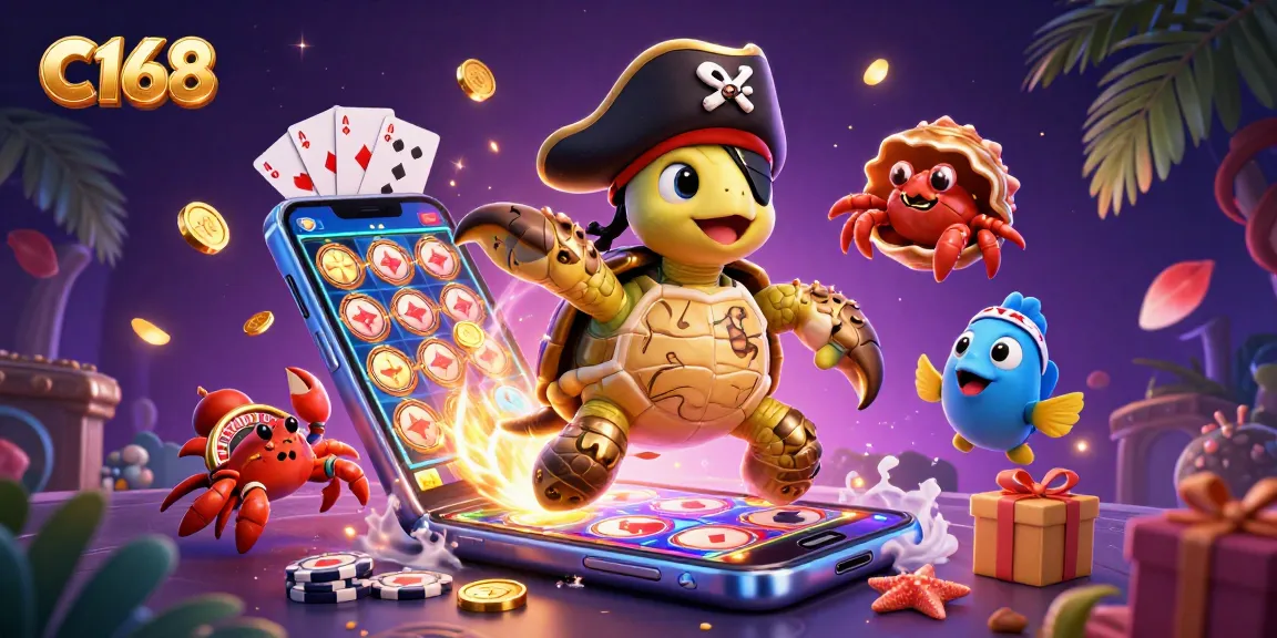 C168 engages players with a vivid underwater casino scene featuring a turtle and golden crab amidst treasure.
