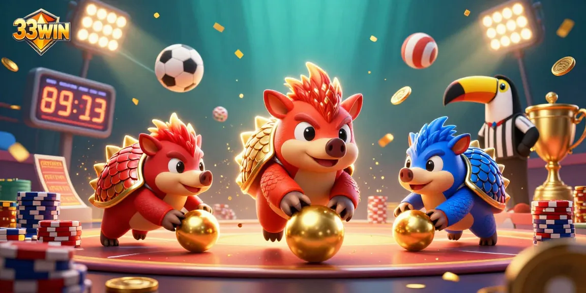 Experience thrilling gameplay at 33WIN with animated pangolins and action-packed casino elements.