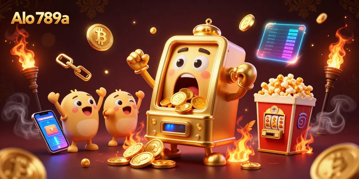 Alo 789a slot machine triumphantly hitting jackpot as golden coins burst forth, showcasing vibrant gaming energy.