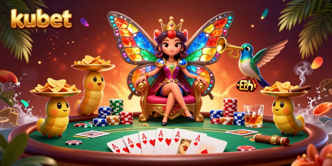 Experience excitement with kubet as the vibrant butterfly queen presides over a lively poker scene.