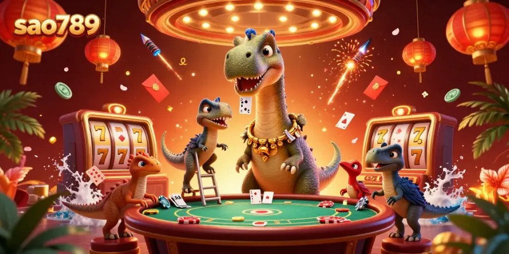 Sao789 casino scene featuring a giant brontosaurus, raptor card dealer, and vibrant gaming elements.