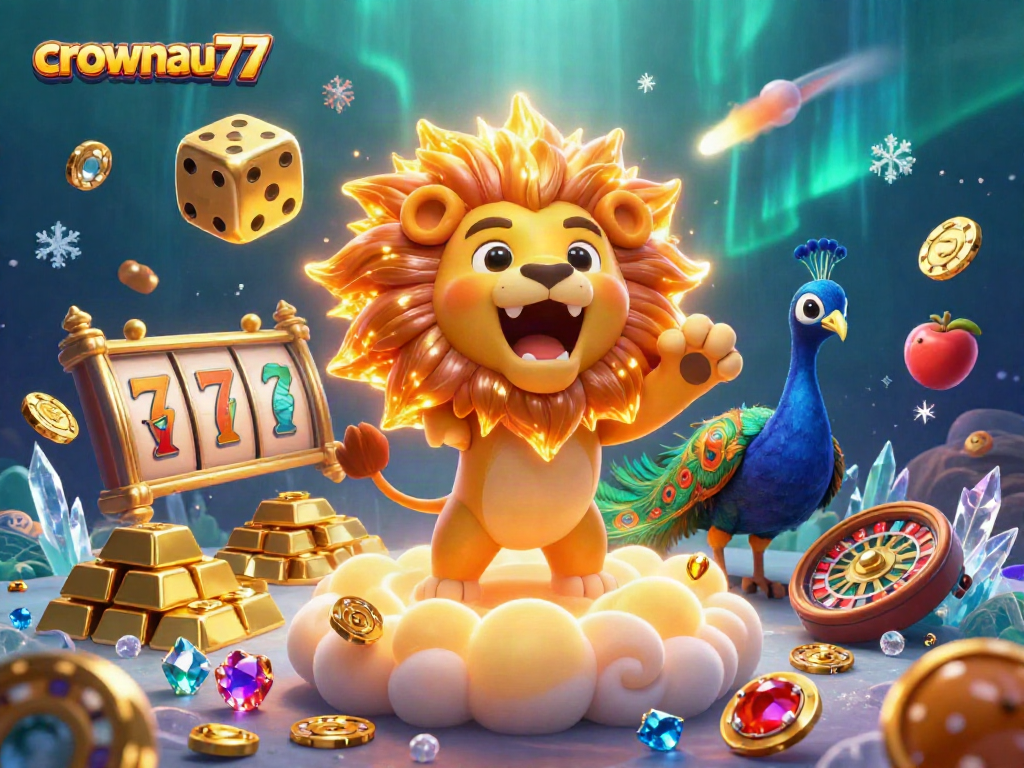 Crownau77 casino adventure with a roaring lion, golden dice, and vibrant slot elements creating an engaging gaming scene.